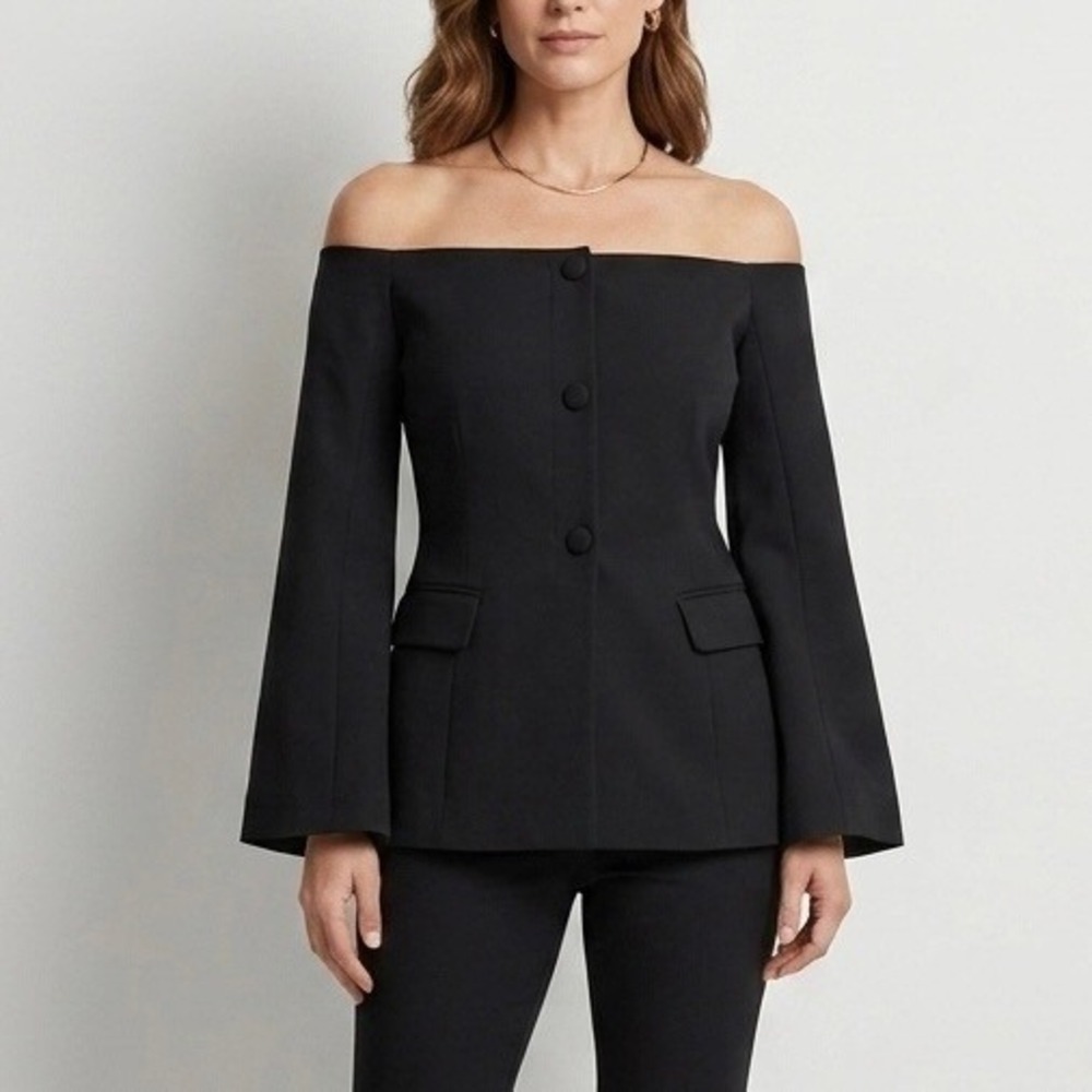 Tuckernuck Bria Black Off-The-Shoulder Bell Sleeve Blouse Blazer Top Size Medium